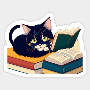 Funny Cute Kawaii Anime Book Reading Bookworm Cat Sticker